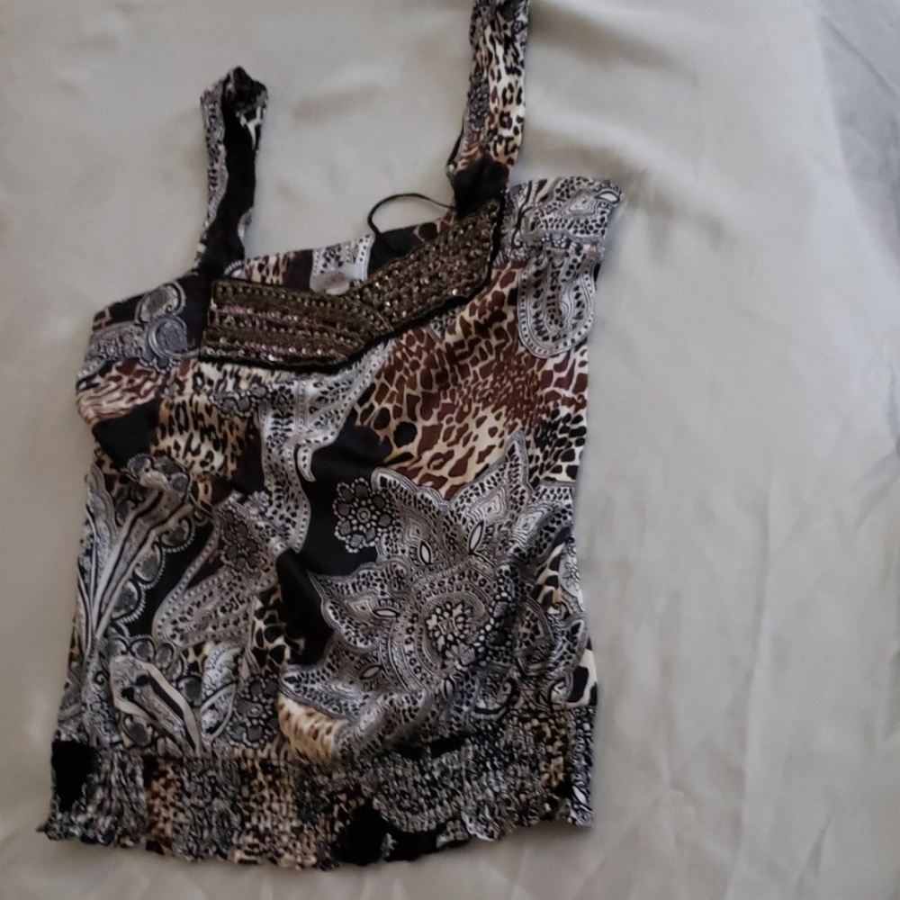 Satin print tank with jewel accent